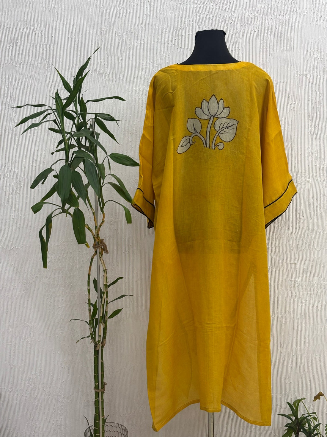 Hand Painted Pen Kalamkari Silk Kaftan Kurta Style Yellow