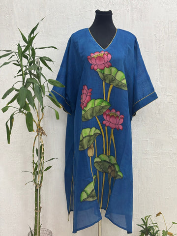 Hand Painted Pen Kalamkari Silk Kaftan Kurta Style Blue1 Color