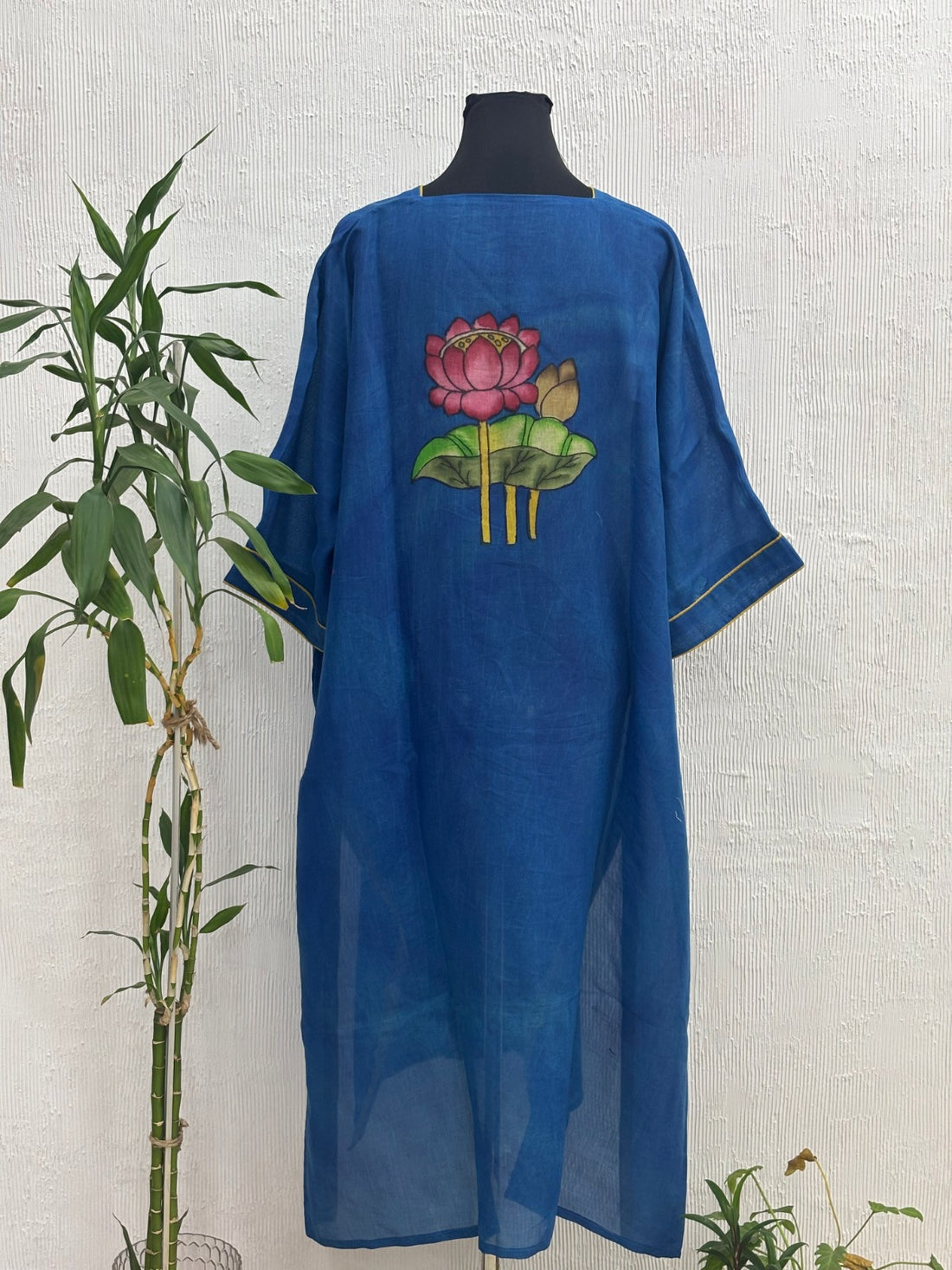 Hand Painted Pen Kalamkari Silk Kaftan Kurta Style Blue1 Color