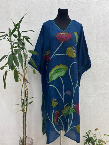 Hand Painted Pen Kalamkari Silk Kaftan Kurta Style Blue Color