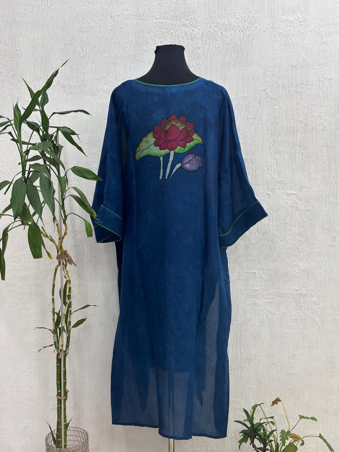 Hand Painted Pen Kalamkari Silk Kaftan Kurta Style Blue Color