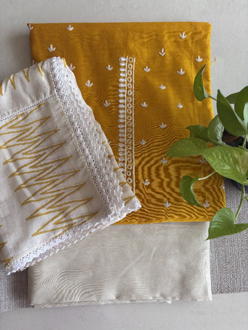 Chanderi Dupatta with Silk Cotton Unstitched Set – Yellow & Off White