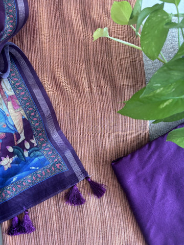 Pichwai Chanderi Dupatta with Chanderi Unstitched Set – Rust & Wine