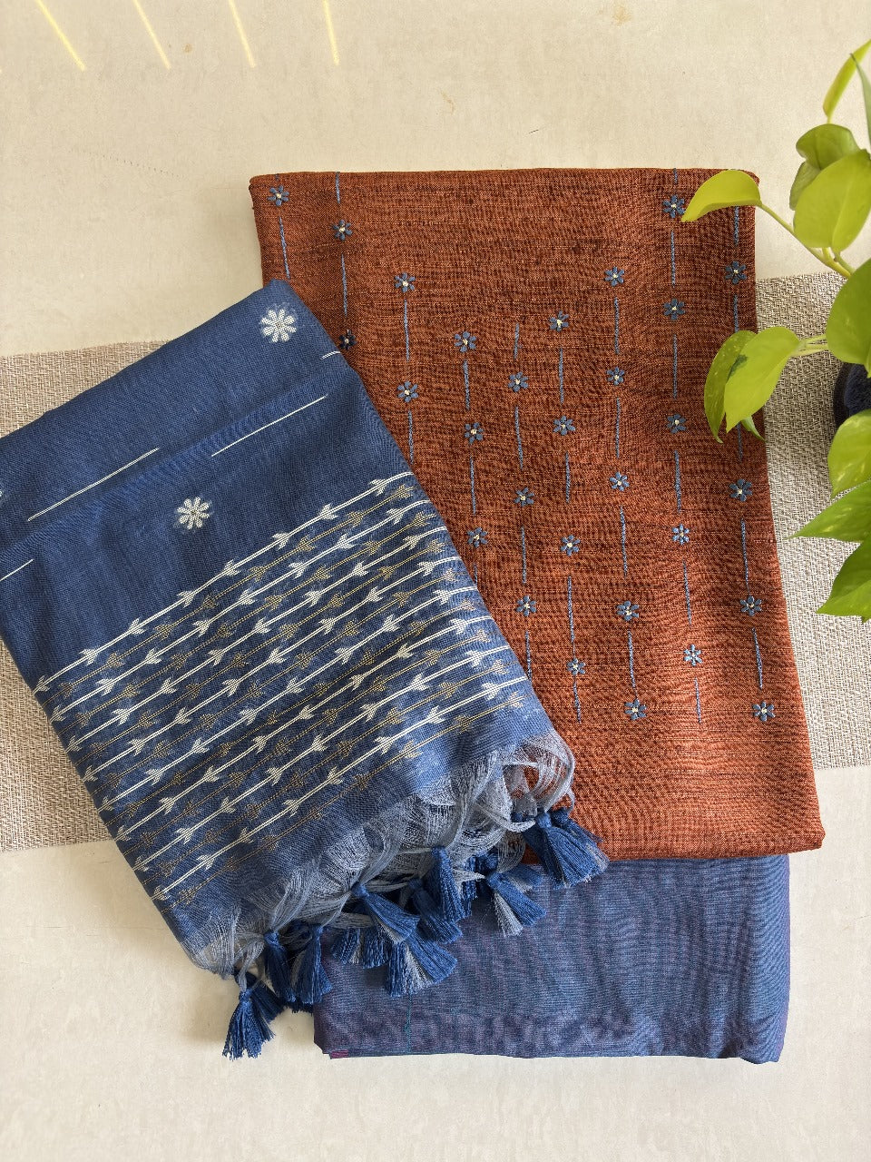 Jamdani Weave Silk Dupatta Unstitched Suit Set – Rust & Blue