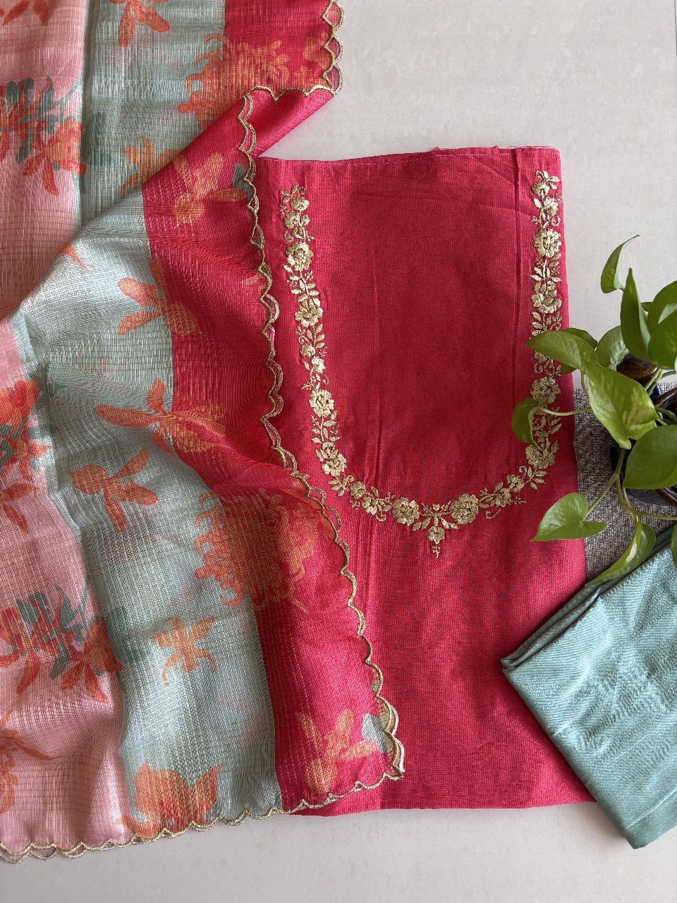 Kota Silk Dupatta with Silk Cotton Unstitched Set – Tomato & Pista Green