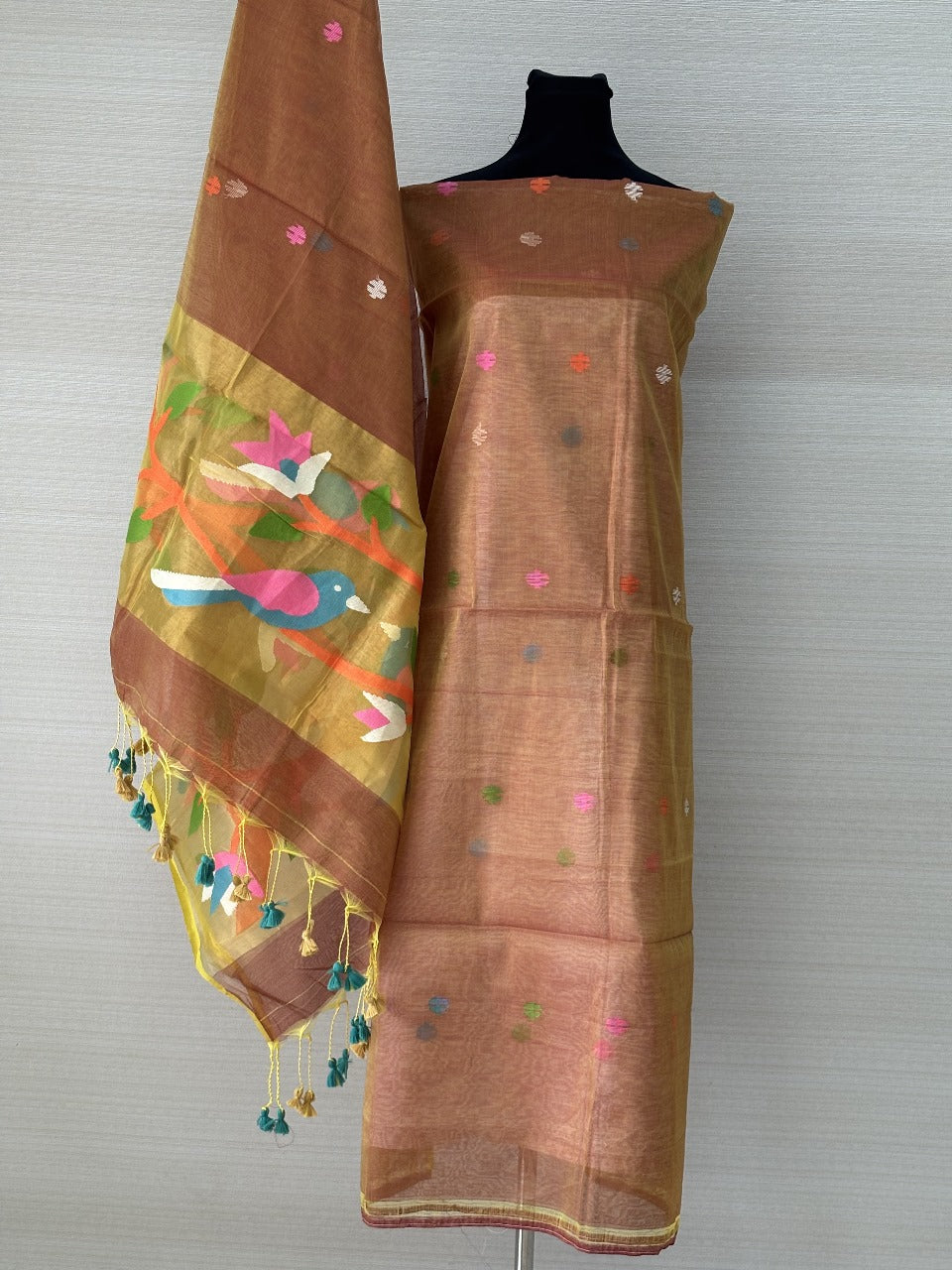 Muslin Silk Paithani Unstitched Set with Muslin Silk Dupatta – Golden Rust