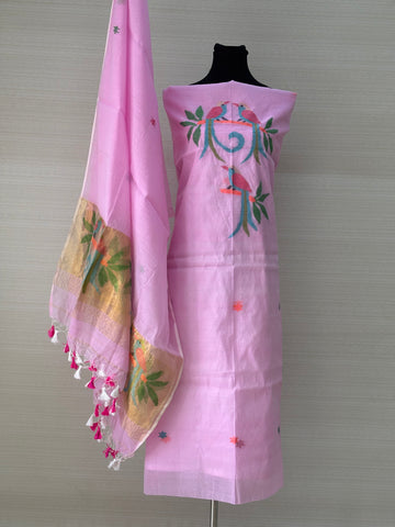 Muslin Silk Paithani Unstitched Set with Muslin Silk Dupatta – Light Pink