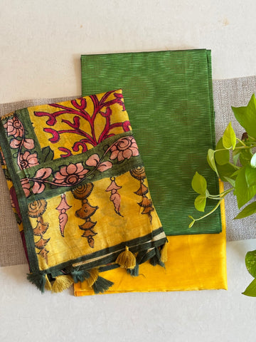 Muslin Silk Dupatta Green and Yellow with Silk Cotton Ikkat Unstitched Set