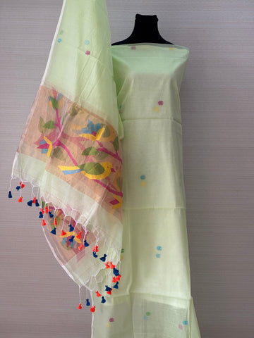 Muslin Silk Paithani Unstitched Set with Muslin Silk Dupatta – Light Pista Green