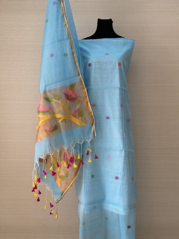 Muslin Silk Paithani Unstitched Set with Muslin Silk Dupatta – Light Sky