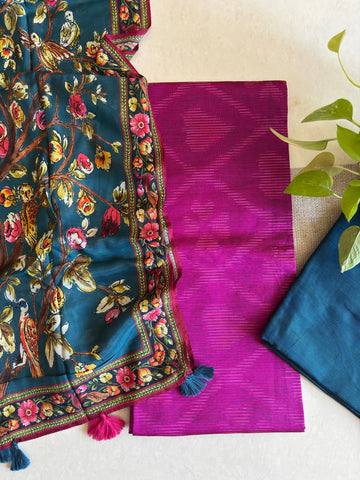 Muslin Silk Dupatta Pink  Teal Blue with Silk Cotton Ikkat Unstitched Set