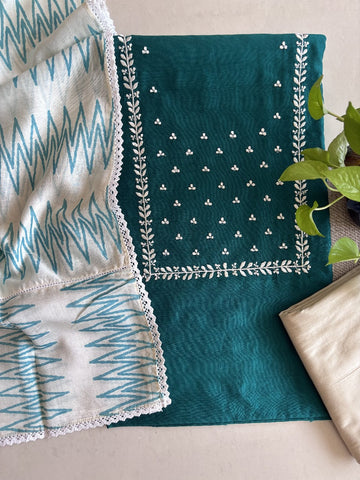 Chanderi Dupatta with Silk Cotton Unstitched Set – Teal & Off-White