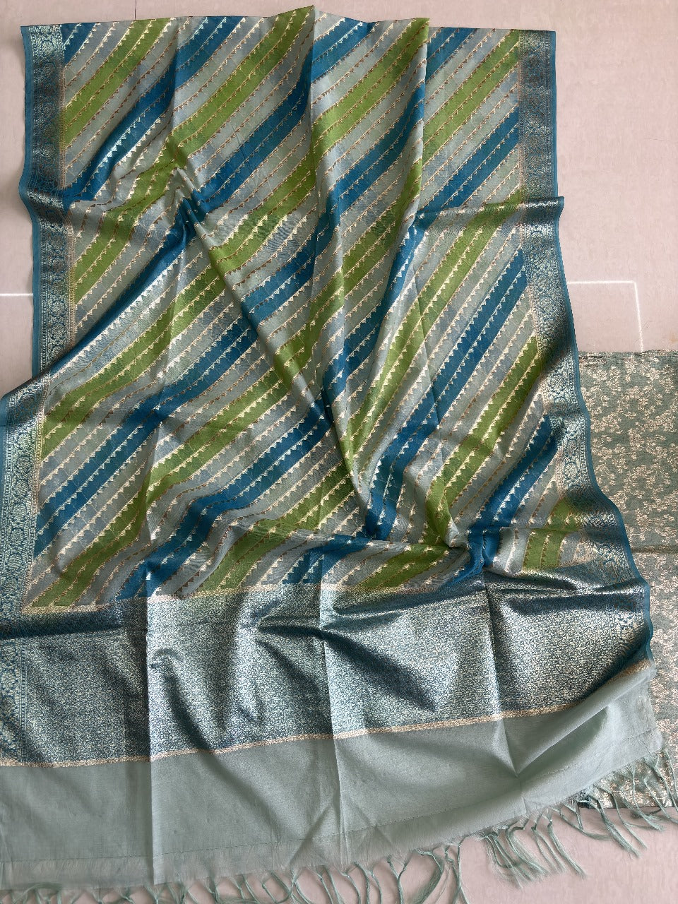 Banarasi Silk Unstitched Set with Chanderi Silk Laharia Dupatta – Light Green & Dark Teal