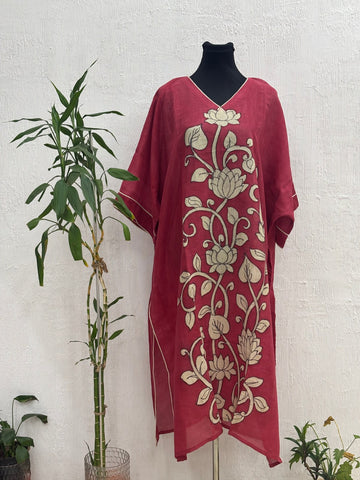 Hand Painted Pen Kalamkari Silk Kaftan Kurta Style Tomato Red