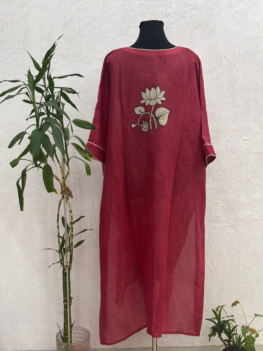 Hand Painted Pen Kalamkari Silk Kaftan Kurta Style Tomato Red