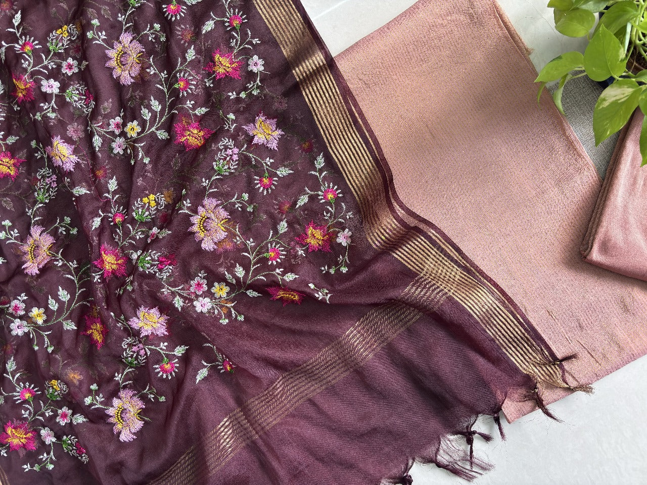 Chanderi Tissue Silk Unstitched Set with Chanderi Silk Work Dupatta – Pink