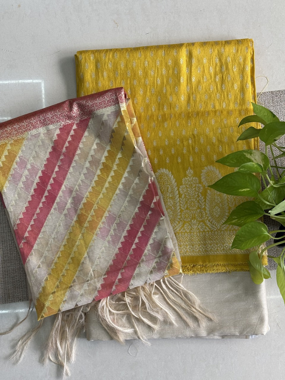 Banarasi Silk Unstitched Set with Chanderi Silk Laharia Dupatta – Yellow & Off-White